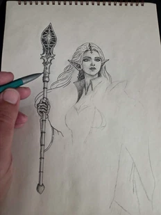 Refined pencil sketch with staff and character details added