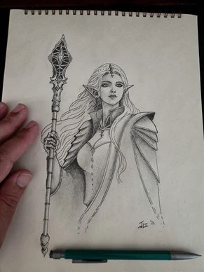 Finished pencil drawing of an elven adventurer holding a staff