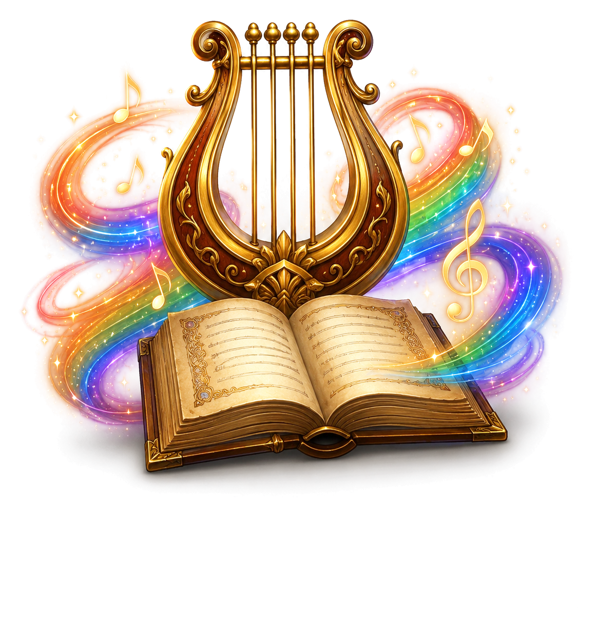 Lyre and book emblem for finished story keepsakes