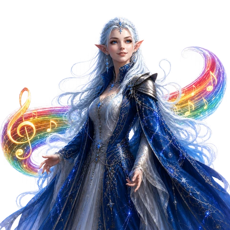 Isla, a blue-haired elven adventurer in silver and blue armor with a rainbow musical flourish