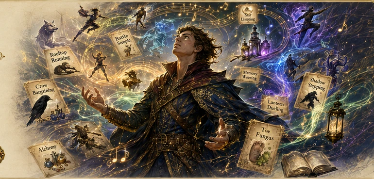 A spellcaster surrounded by musical magic, books, lanterns, and floating skill cards