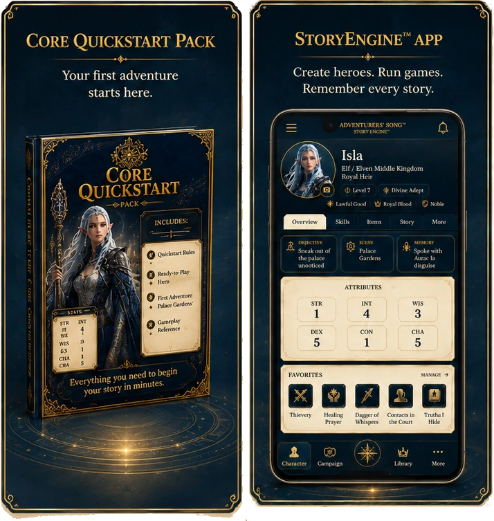 Core Quickstart Pack and StoryEngine app preview panels