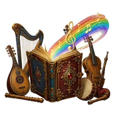 Ornate Adventurers' Song books and instruments with rainbow musical magic